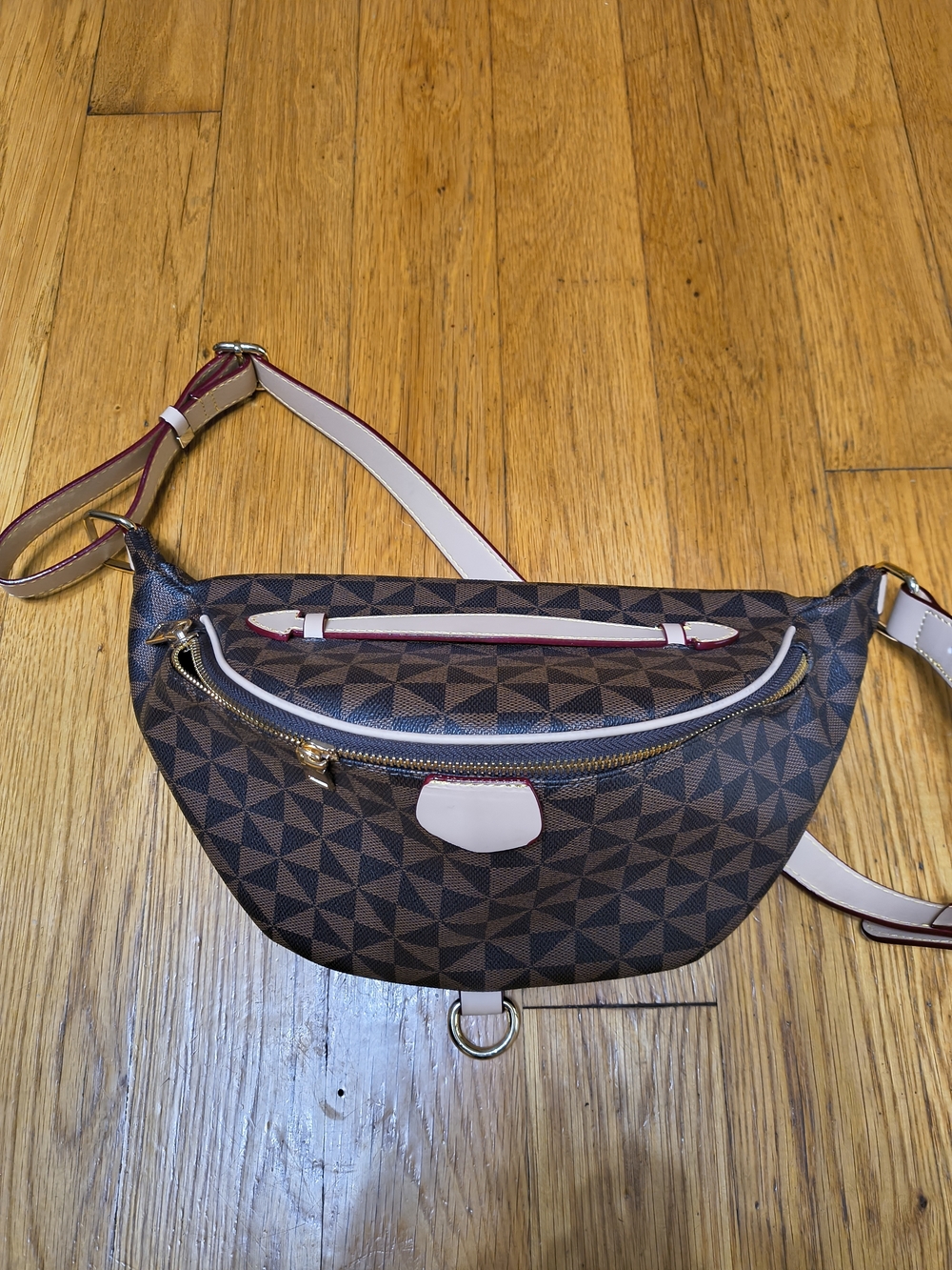 Designer Inspired Brown Geometric Print Crossbody Belt Bag with Tan Trim